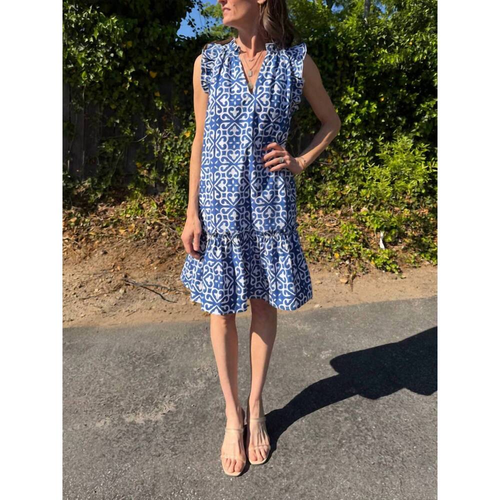 NEW FITZROY & WILLA nikki sleeveless mini dress in blue white geometric tile